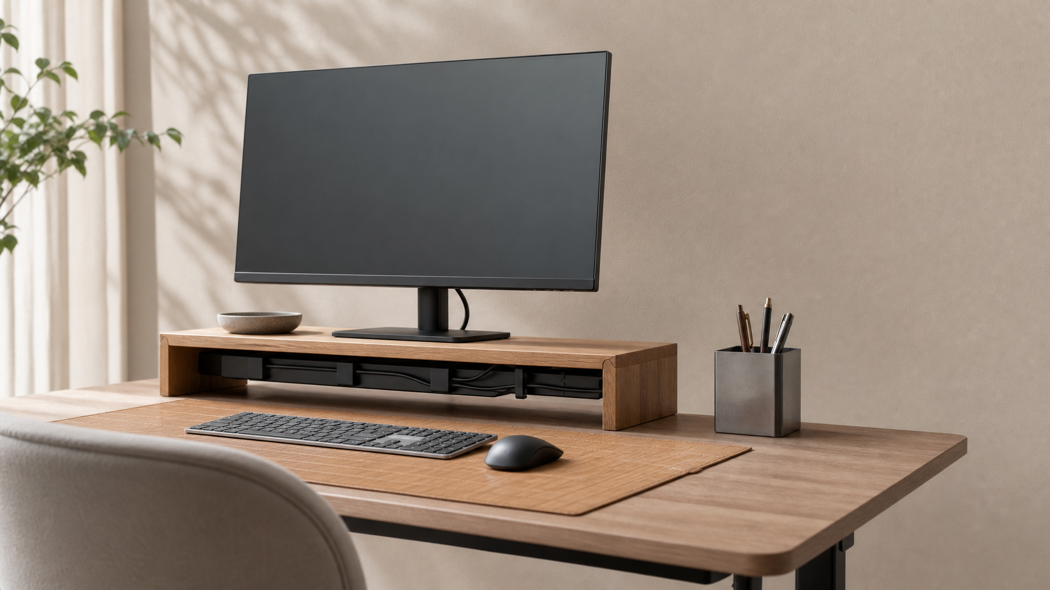 A fully organized minimalist home-office desk with an under-desk cable tray, oak monitor riser and neatly routed cables