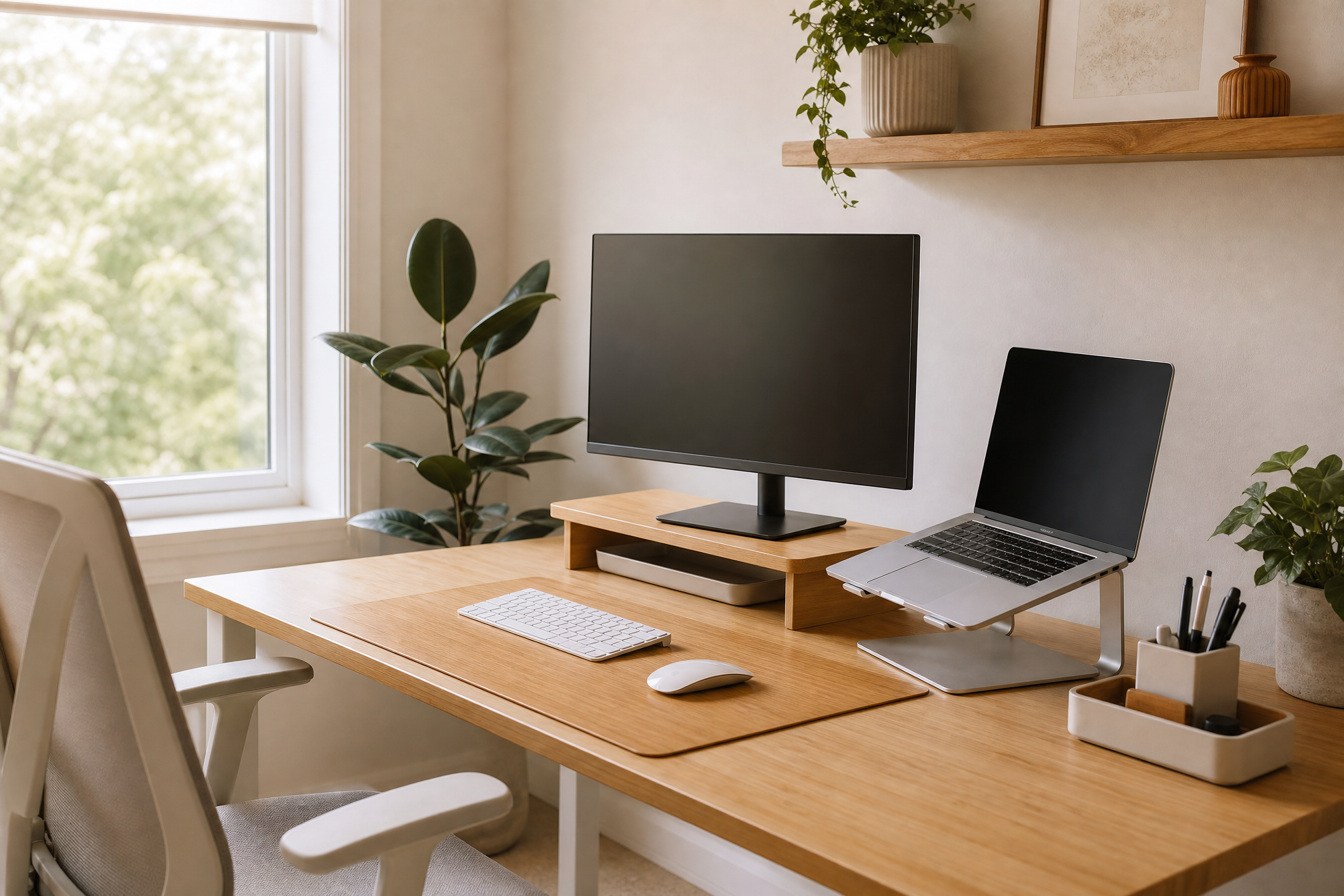 A bright, tidy home-office desk in daily use with cables hidden and the monitor raised