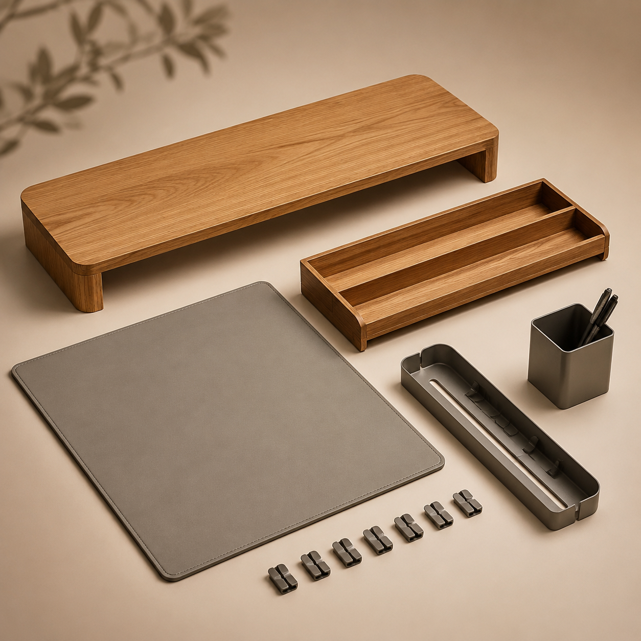 Whole-Desk Control Set — The flagship kit: raise, protect, route and store in one go.